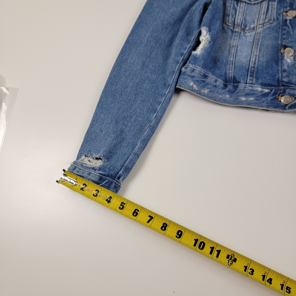 Zara Light Blue Distressed Puff-Shoulder Cropped Jean Jacket - Picture 5 of 12